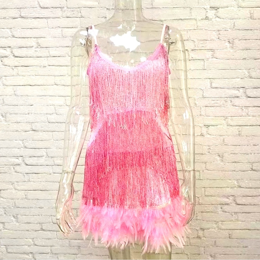 Pink tassel sequin feather mini dress